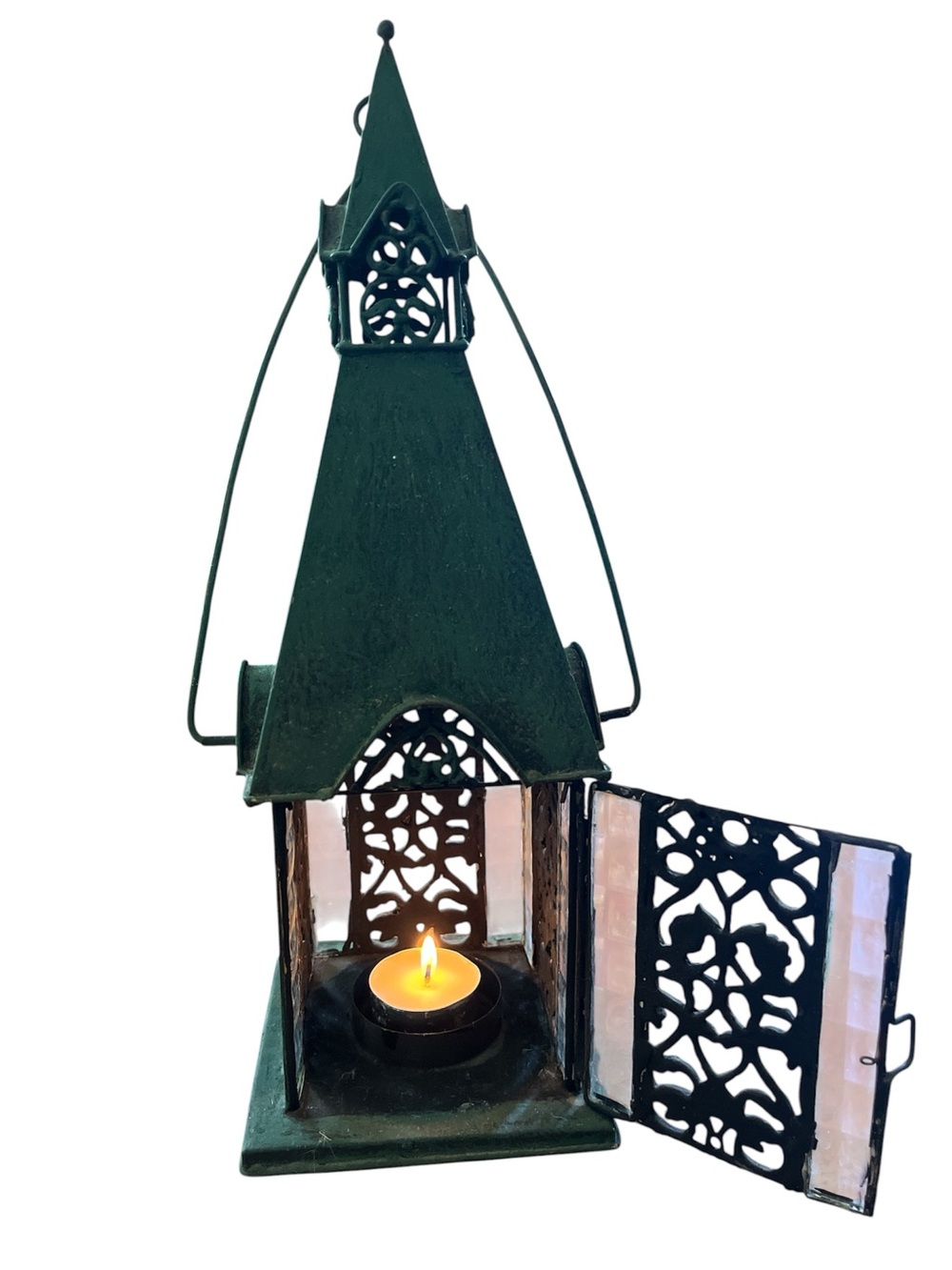 Green Decorative Metal and Glass Cathedral style tea light Lantern